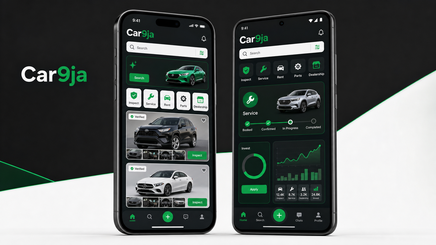 Car9ja mobile app UI mockup showing iOS and Android-style automotive marketplace screens